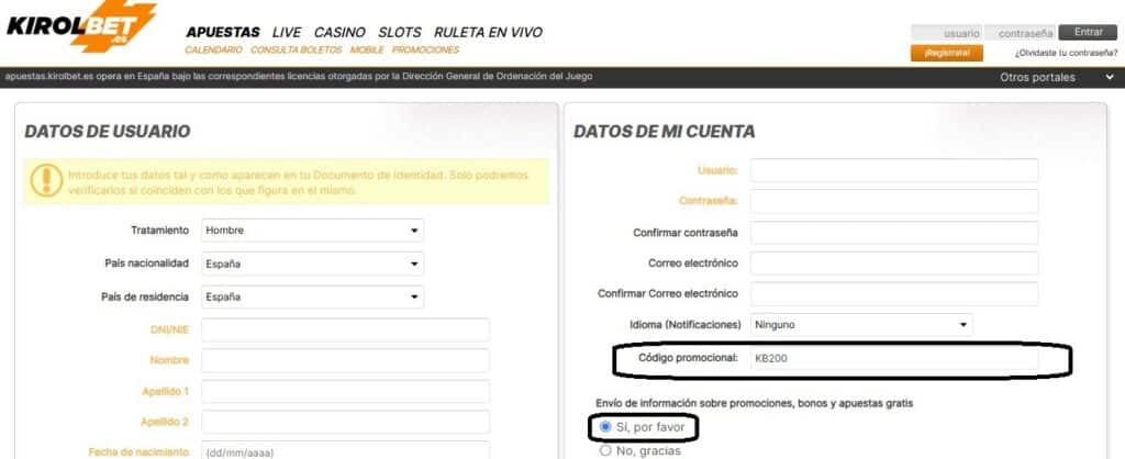 Registrarse en una casa de apuestas